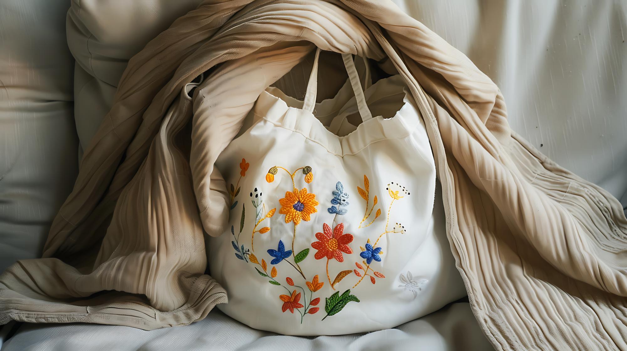 Borsa in lino con decorazione ricamata minimal